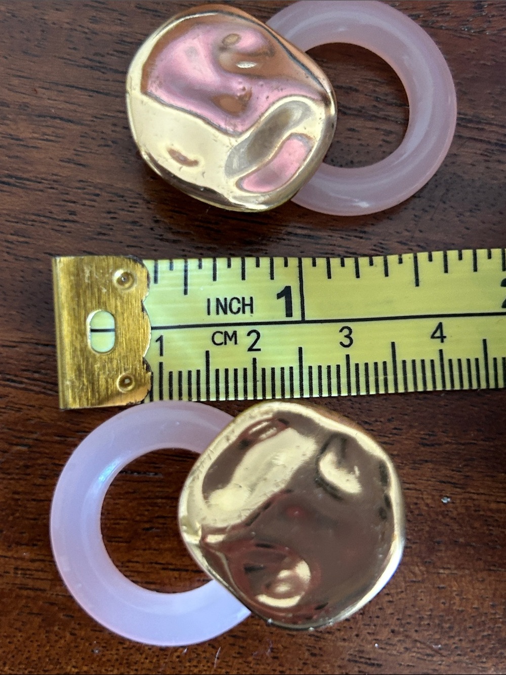 Gold Tone Organic Disc Rings with Pale Pink Resin Earrings. JCrew.